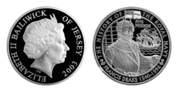 Jersey, Five Pounds, 2003 Silver Proof Rev: Naval Leader Sir Francis Drake, in Capsule FDC