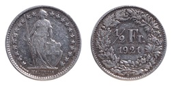 Switzerland, 1921B Silver 1/2 Franc, GF