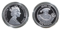 Gibraltar 2008 £5 - Five Pound KING HENRY VIII Silver Proof Coin in capsule, FDC