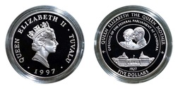 Tuvalu, 5 Dollar 1997 Lady of the Century series 'Federal Parliament Canberra' Silver Proof Coin in Capsule and Certificate, FDC