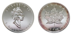 Canada, 1995 Five Dollars, 1oz 0.999 Silver Maple Leaf, Light toning to the reverse, aUNC in Capsule.