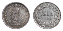 Switzerland, 1962B Silver 1/2 Franc, VF
