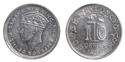 Ceylon, 1941 silver 10 Cents, GVF Lustrous