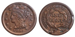 US 1851 Large Cent, Rev old Damage