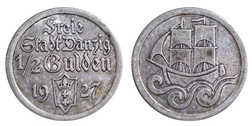 Poland Danzig Free City 1927 Silver 1/2 Gulden coin, VF & Scarce
