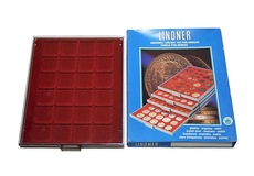 Lindner Coin box with 24 square inserts to fit crown size coins