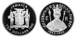 Jamaica, 1993 Ten Dollars Silver Proof Re: "40th Anniversary Crown"  original Capsule & Royal Mint Certificate FDC
