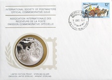 New Zealand, 1977 medallic First Day Cover, International Society of Postmasters, sterling silver proof medal, FDC