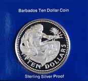 Barbados, Ten-Dollar 1974 Silver Proof FDC. Minted by the Franklin Mint in Sterling silver Proof, encapsulated within card.