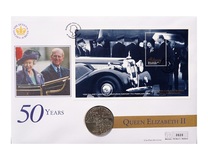 Alderney, 2002 Queen's Golden Jubilee 5 Pounds Large Coin Cover by Mercury