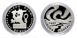 Finland, 1997 Official 20 ECUs Commemorative "AURORA BOREALIS" Silver Proof in capsule, FDC