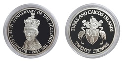 Turks and Caicos, 20 Crowns 1992 The Anniversary of The Queen's Accession to the Throne 1oz Silver Proof in capsule & Certificate, FDC