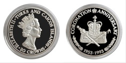 Turks & Caicos Islands, 20 Crowns 1993 1 ounce 0.999 Silver Proof "Coronation Anniversary 1953-1993" in Capsule FDC