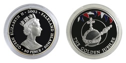 Falkland Islands, 2002 Golden Jubilee 50p Crown, Silver Proof, "ORB & SCEPTRE" in Capsule & Certificate.  FDC 76576