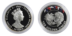 Falkland Islands, 2002 Golden Jubilee 50p Crown, Silver Proof, "TREETOPS" in Capsule & Certificate. FDC 76577