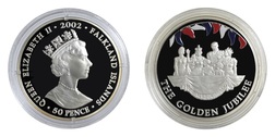 Falkland Islands, 2002 Golden Jubilee 50p Crown, Silver Proof, "BALCONY SCENE" in Capsule & Certificate. FDC 76578