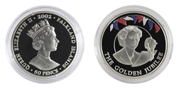 Falkland Islands, 2002 Golden Jubilee 50p Crown, Silver Proof, "RADIO BROADCAST" in Capsule & Certificate. FDC 76583