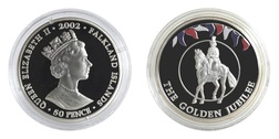 Falkland Islands, 2002 Golden Jubilee 50p Crown, Silver Proof, "TROOPING THE COLOUR" in Capsule FDC 76584