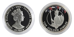 Falkland Islands, 2002 Golden Jubilee 50p Crown, Silver Proof, "CORONATION REGALIA" in Capsule & Certificate. FDC 76586