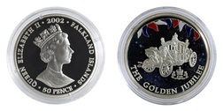 Falkland Islands, 2002 Golden Jubilee 50p Crown, Silver Proof, "CORONATION COACH" in Capsule & Certificate. aFDC 76587