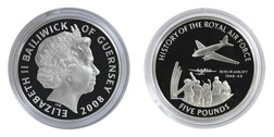 Guernsey, 2008 Five Pounds RAF "GUERNSEY BERLIN AIRLIFT" Silver Proof in Capsule FDC