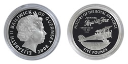 Guernsey, 2008 Five Pounds RAF "FORMATION OF THE RAF 1918" Silver Proof in Capsule FDC