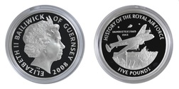 Guernsey, 2008 Five Pounds RAF "GUERNSEY DAMBUSTERS RAID" Silver Proof in Capsule FDC