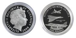 Guernsey, 2008 Five Pounds RAF "THE FALKLANDS WAR" Silver Proof in Capsule FDC