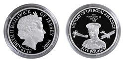 Jersey, 2008 Five Pounds RAF "JERSEY FORMATION OF THE RAF" Silver Proof in Capsule FDC