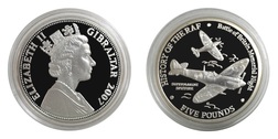 Gibraltar, 2007 Five Pounds RAF "Super-marine Spitfire " Silver Proof in Capsule FDC