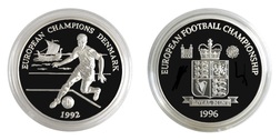 EUROPEAN FOOTBALL CHAMPIONSHIP '96 "Denmark 1992" Royal Mint Issue Silver Medal, Proof FDC