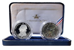 France, 100 Francs 1987 (Pair) of 'Piedfort' Silver Proof & Brilliant Uncirculated, "Birth of General Lafayette" Cased FDC