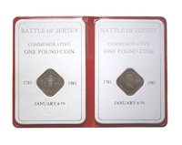 Battle of Jersey 200th Anniversary 1781-1981 Commemorative x2 One Pound Coins, in Red Presentation Wallet.
