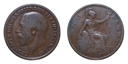 1919 KN King George V One Penny KN Mint Mark, Fine Scarce Coin