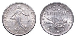 France, 1916 Silver 50 Centimes, GVF