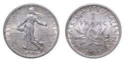France, 1918 Silver 1 Franc, GVF Lustrous