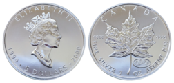 Canada, 1999/2000 Duel Date 5 Dollars, 1oz Silver Maple Leaf with "fireworks" privy mark UNC in Capsule