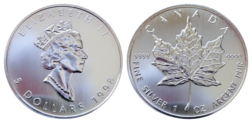 Canada 1998 Five Dollars, 1ounce 0.999 Silver Maple Leaf Choice UNC in Capsule