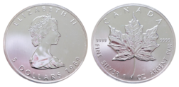 Canada, 1989 Five Dollars, 1oz 0.999 Silver Maple Leaf, UNC in Capsule