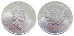 Canada, 1993 Five Dollars, 1oz 0.999 Silver Maple Leaf, UNC in Capsule.