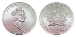 Canada, 1995 Five Dollars, 1oz 0.999 Silver Maple Leaf, UNC in Capsule.